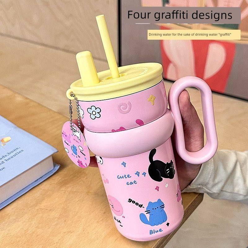 Large-Capacity Thermos Cup for Girls, New Office Water Cup, Giant Student Cup with Handle and Straw, High Aesthetic Value