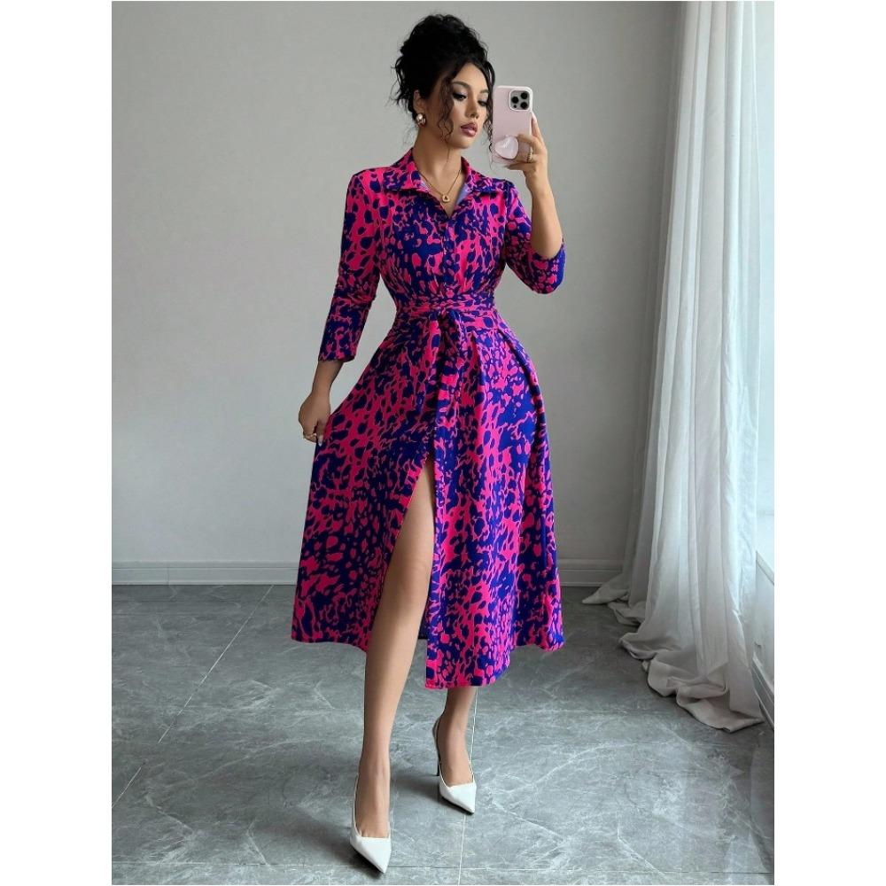 Women's Turn Down Collar Three Quarter Sleeve A-Line Maxi Dress High Waist Commuter Printed Shirt Midi Dress