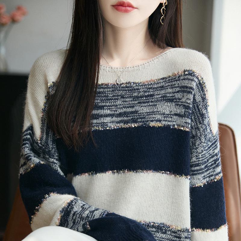 Dámský pletený svetr s kulatým výstřihem a barevným blokovým pruhem ve velkých velikostech - Dlouhý rukáv, volný střih na podzim/zimu.