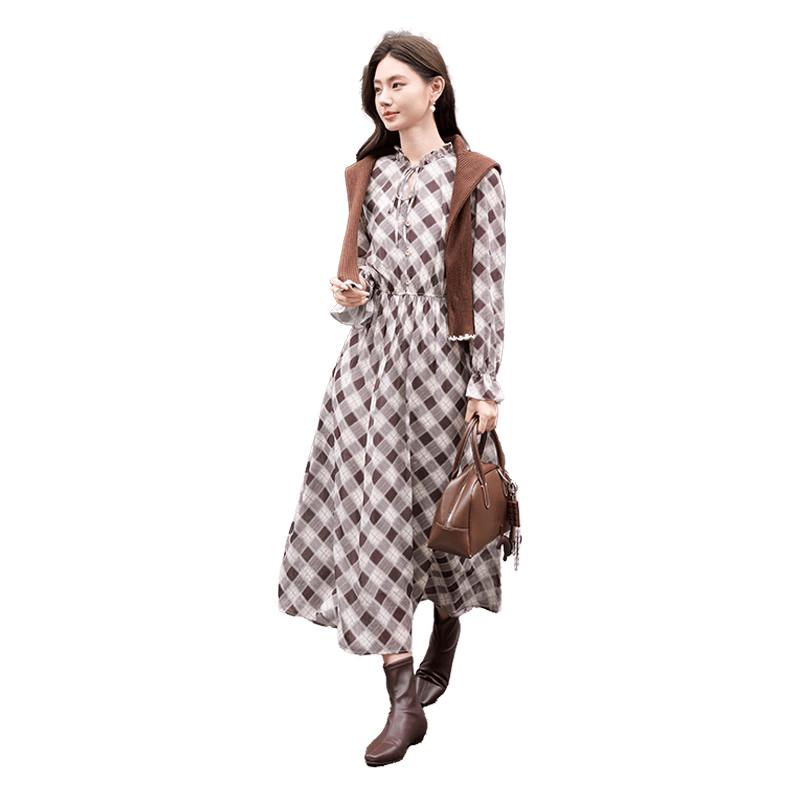 Xiangying Retro Plaid Tie-Neck Long Sleeve Dress S