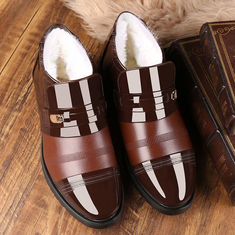 Leather Men's Fleece Warm Thickened Versatile Business Casual High Top Leather Shoes Non-slip Winter Snow