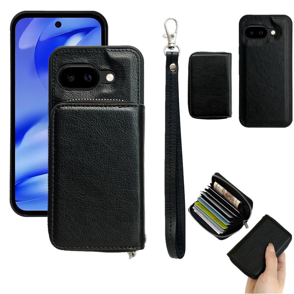 For Google Pixel 9a Case Detachable Zipper Card Bag PU TPU Kickstand Phone Case with Strap