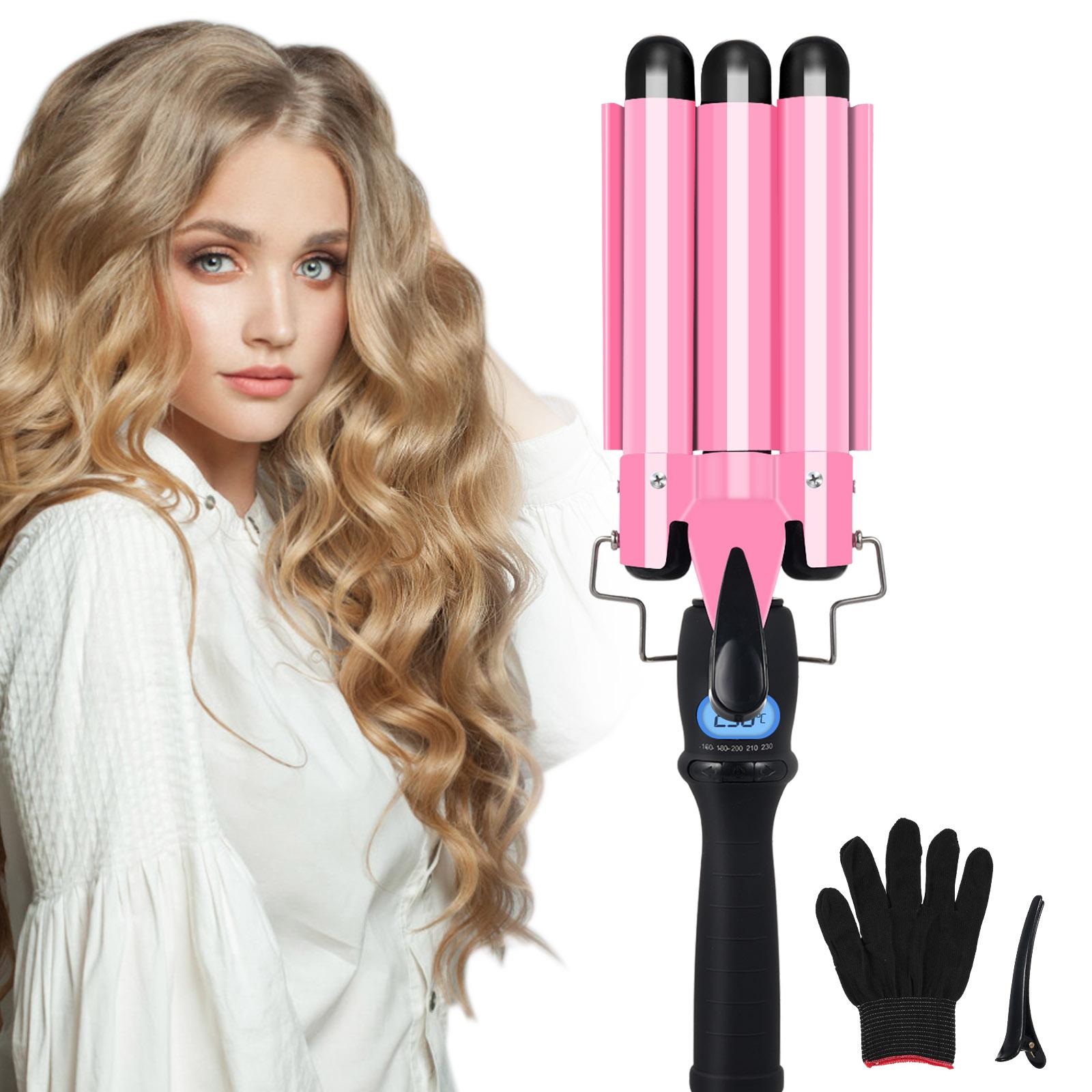 

Pretfy Hair Curling Iron 3-Barrel 25mm Hair Waver Hair Curling Щипцы для завивки волос Регулируемая температура ЖК-дисплей Температура розовый