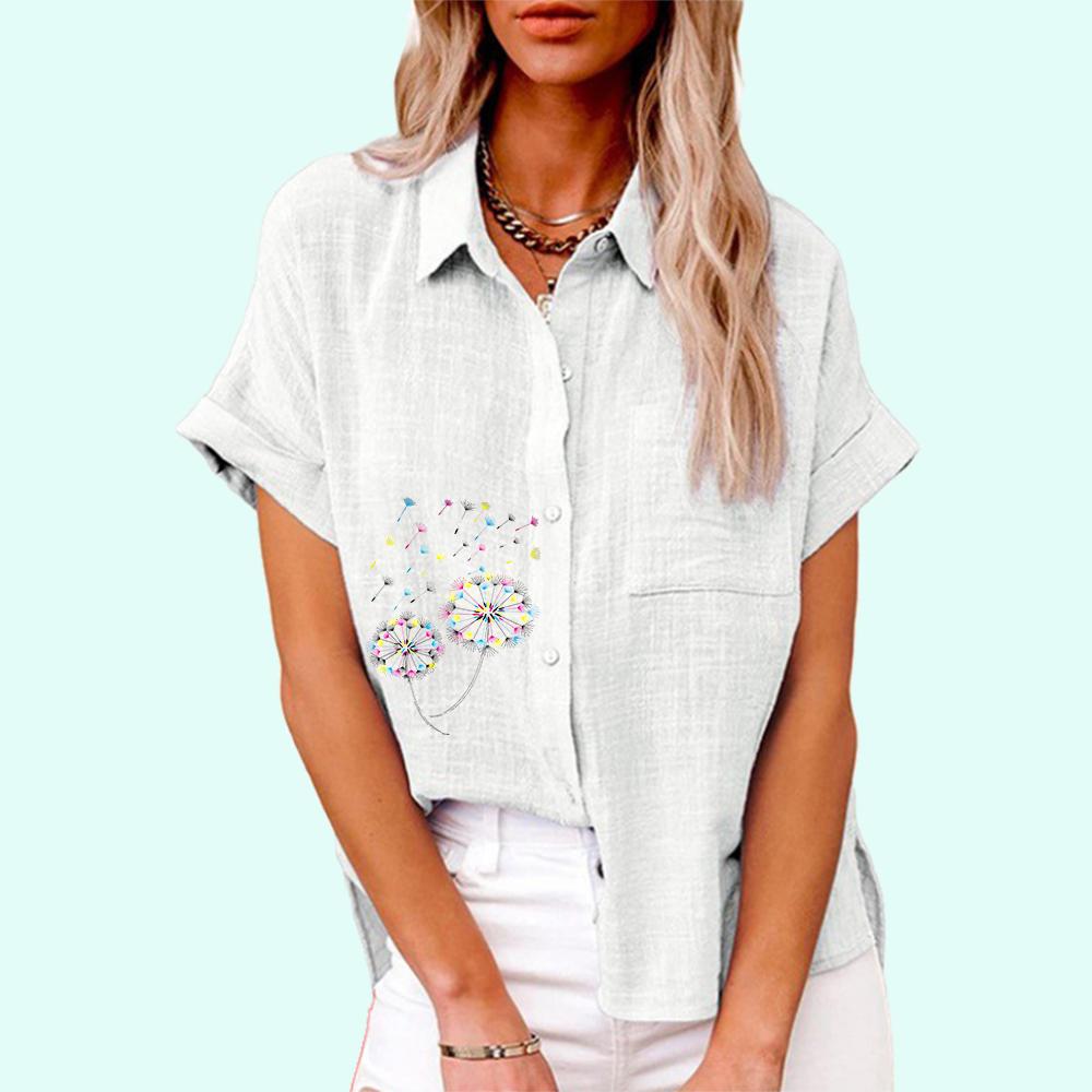 

Женская модная футболка с цветочным принтом, летняя повседневная футболка с воротником с лацканами и карманом, осенняя свободная футболка с коротким рукавом, женские повседневные льняные блузки 3XL белый