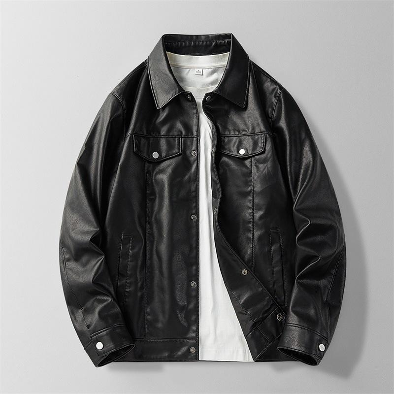 Casual Classic Lapel Black Leather Jacket Men's Fashion British Gentleman Versatile Motorcycle Jacket High Street