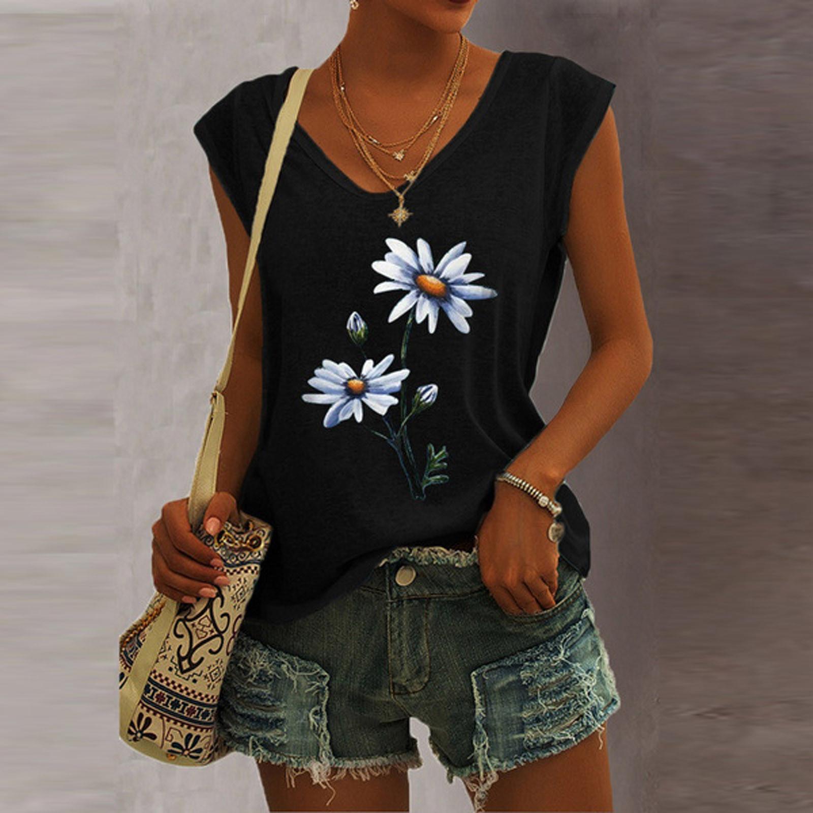 

Женская футболка с V-образным вырезом, повседневная майка с коротким рукавом, принт, свободная блузка, майки XXL чёрный