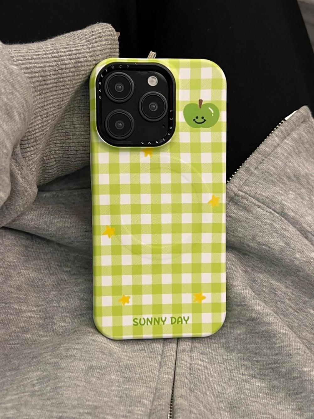 

Cute Lattice Green Grid Pattern Magnetic Grip Tok Phone Case for iPhone 14 15 16 17 Pro Max Wireless Charge For Magsafe Cover iPhone 14 Pro