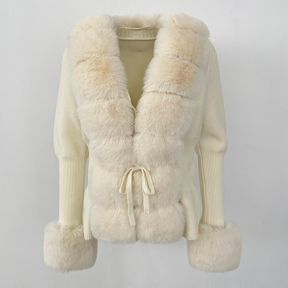 Kunstpelzmantel Patchwork Strickpullover Bandage Pelz Strickjacke Abnehmbarer Kragen Jacke Herbst-Winter Damen Kunstpelzmantel
