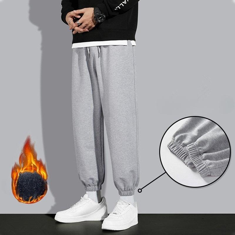 Men's Autumn Winter Plus Size Korean Style Loose Cuffed Sweatpants Straight Leg Casual Running Fleece Lined Knit Long Pants