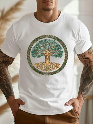 Mens Casual Round Neck Short Sleeved Tshirt with Celtic Knot Tree Design White Polyester Fiber for Summer Wear