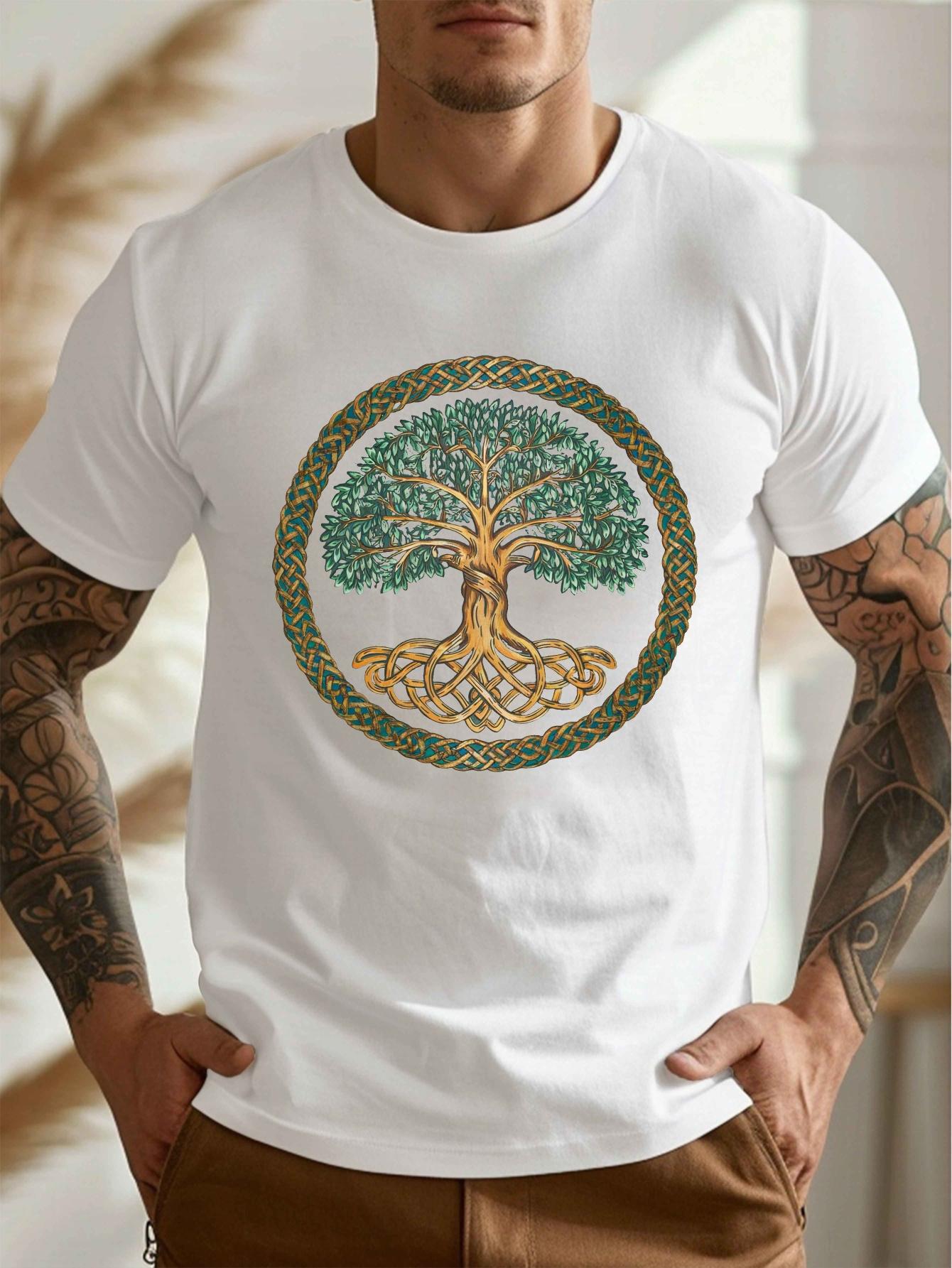 

Mens casual round neck short sleeved Tshirt with Celtic knot tree design white polyester fiber for summer wear 4XL