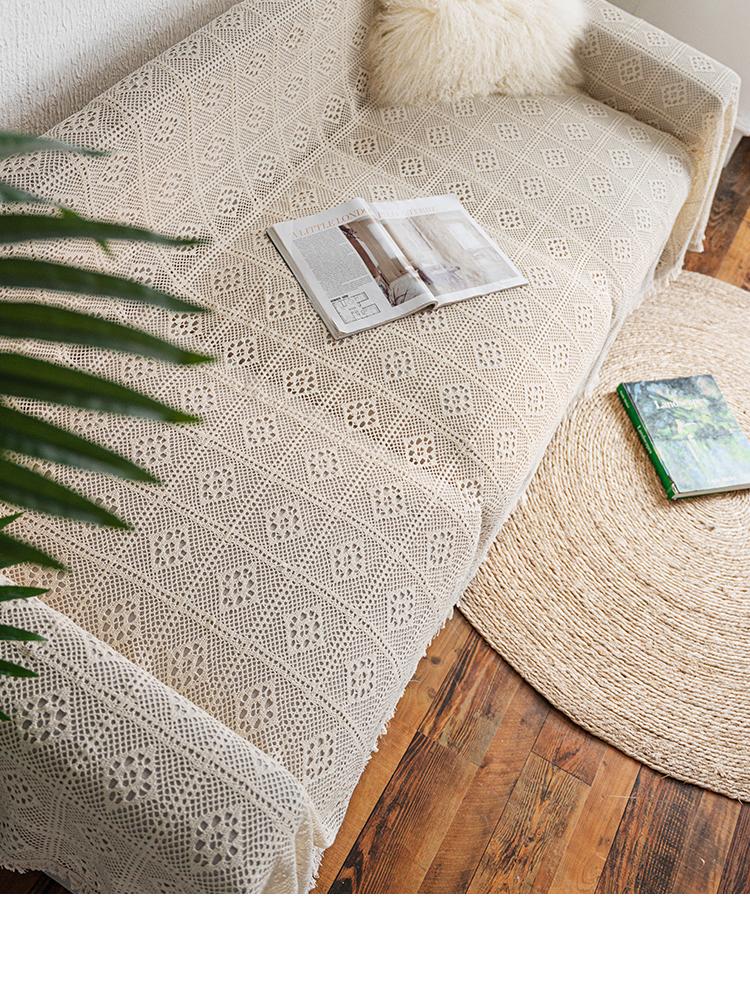Raw White Knitted Lace Slipcover, Geometric Pattern Sofa Cover for Living Room, All Covered Towel, Summer and Spring Towel