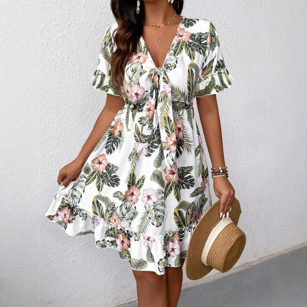 2025 European & American V-neck Floral Print Knee-length Summer Dress