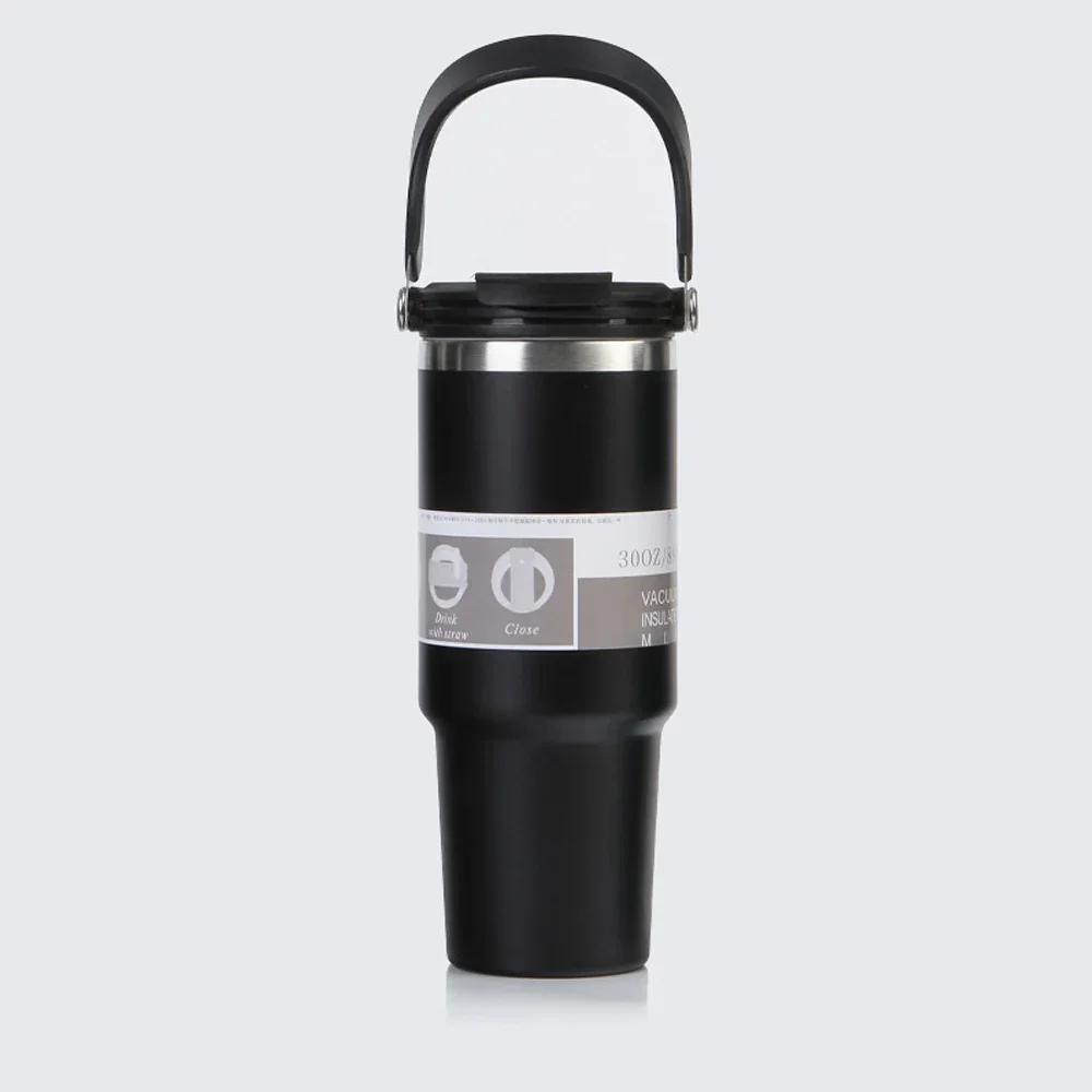 

890 мл Портативная автомобильная кружка из нержавеющей стали, термос-кружка с соломинкой, дорожная спортивная бутылка для воды с ручкой и чехлом, вакуумная фляга для кофе 890ml чёрный
