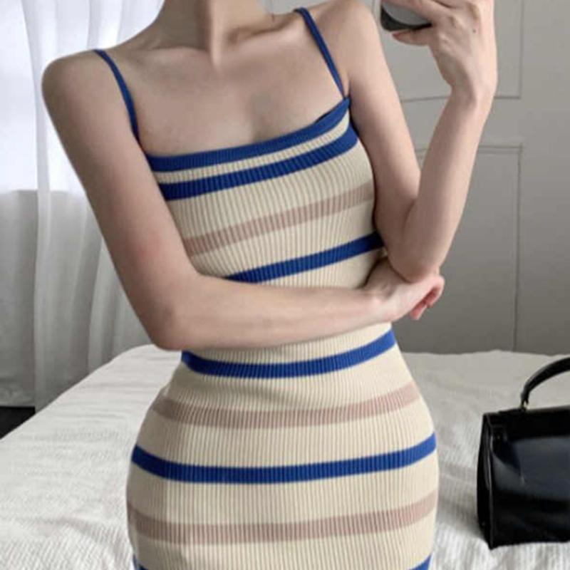 Elegant Camisole Dress for Women's Summer New Sleeveless Slim Fit Knitted Striped Mid Length Dresses