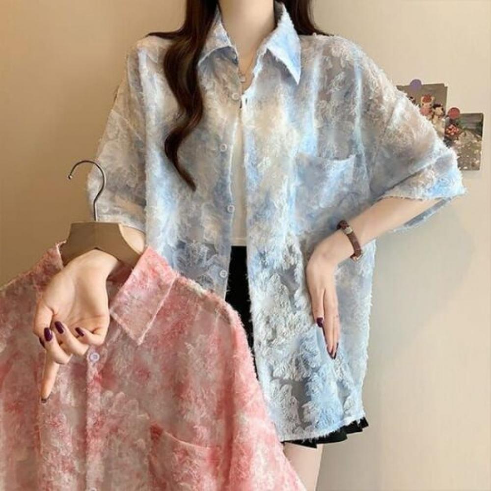 Navava Women Flower Lace Sheer Short Sleeve Shirt Nb2645