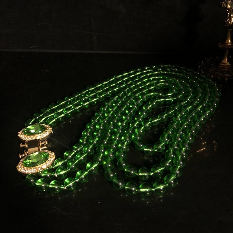 Multi-layer Glazed Pearl Green Crystal Diamond Long Necklace Versatile Sweater Chain Women