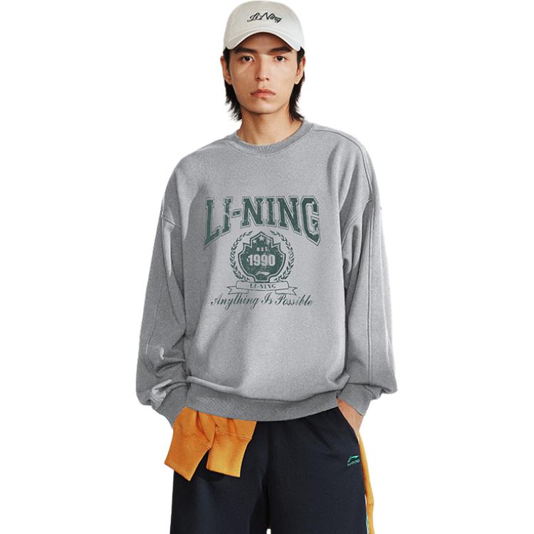 Li Ning Sports Lifestyle Series Letter Number Print Round Neck Pullover Sweatshirt Unisex Sweatshirt Floral-Gray AWDTB59-8