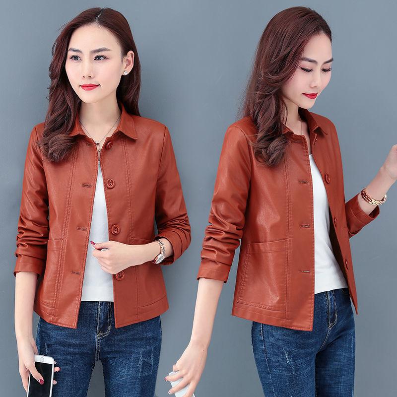 Leather Women's Short Style Plus Velvet Autumn and Winter Korean Version Is Thin and Versatile Lapel Motorcycle PU Leather Jacket Western Style Jacket