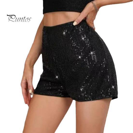

Женские шорты с высокой эластичной резинкой на талии и блестящими блестками, однотонные, прямые, облегающие, мягкие, дышащие, длиной выше колена, для клубных вечеринок, пляжные мини-шорты L чёрный