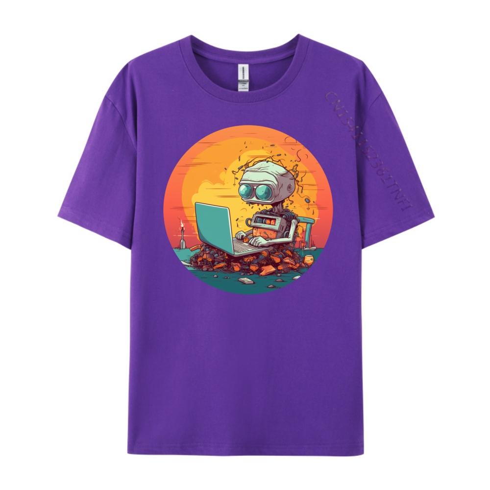 Funny Smart Ai Robot With Laptop For Portable Computer Fans Black Graphic T Shirts Autumn Mens Cotton TShirt Halloween