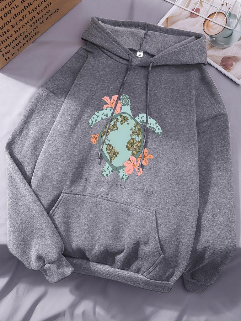 Sea Turtle Cartoons Printing Hoodie Womens Comfortable Loose Sweatshirts Winter Fleece Warm Tops Basics Casual Womans Clothes