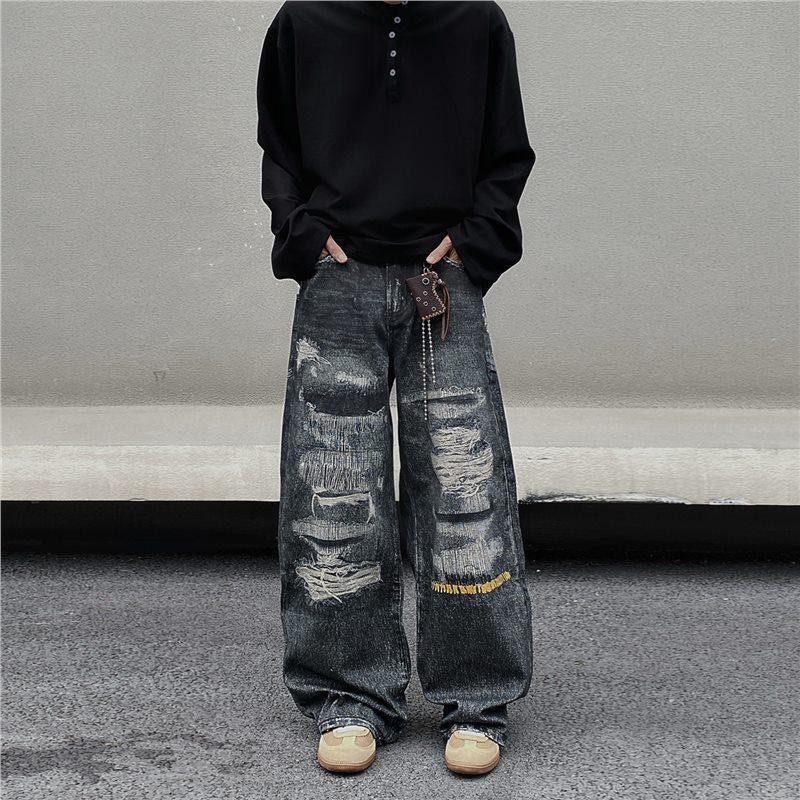 American Retro Fake Ripped D Print Jeans Men's Loose and Versatile Wide-leg Tide Brand Loose High-end Pants Tide