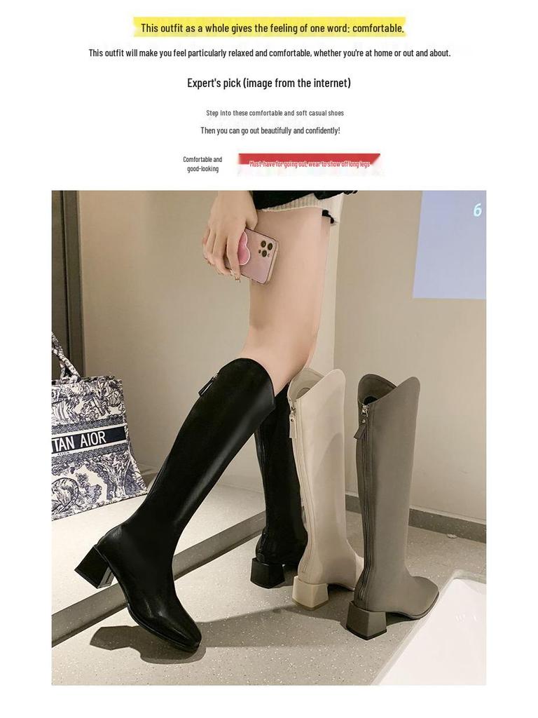 Dámské kozačky nad koleno s robustním podpatkem a čtvercovou špičkou - kolekce podzim/zima 2025