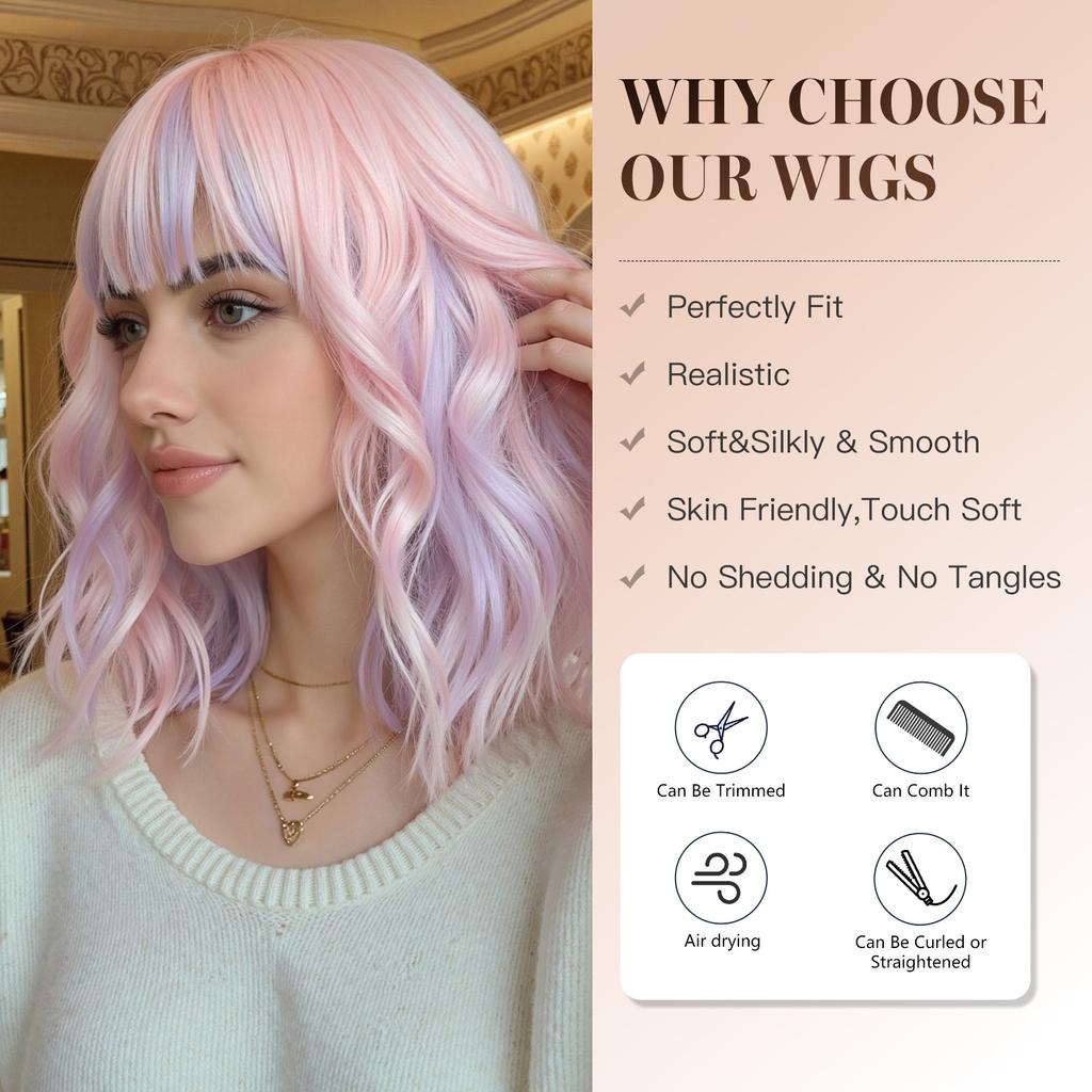 Pink Purple Mixed Blue Curly Wavy Synthetic Wigs with Bangs for Women Colorful Party Cosplay Natural Hair Wig Heat Resistant Use