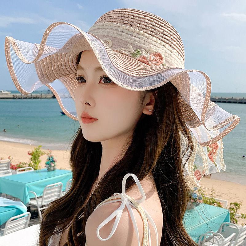 Flower Ribbon Sunshade Hat for Women's Beach Vacation Sweet Sun Summer Big Brimmed Straw Hat