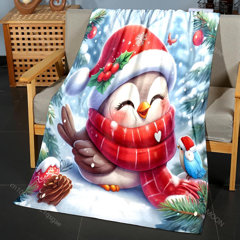 1PC Festive Penguin with Red Scarf Pattern Blanket Flannel Material Soft Warm for All Seasons Home Outdoor Camping Picnics RV