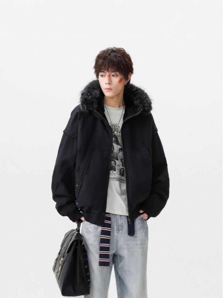 Men's Winter Retro Haute Couture Cotton Jacket with Fur Collar, Plus Velvet Thickened, Warm Outerwear.