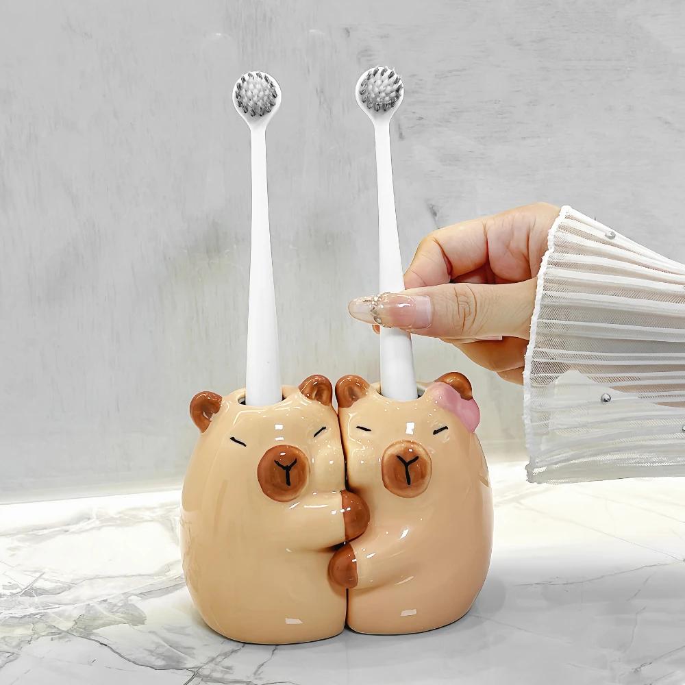 A Cute Capibala Manual Toothbrush Storage Base Bracket Suitable for Fashionable Couples Bathroom Ceramic Bow Toothbrush Holder