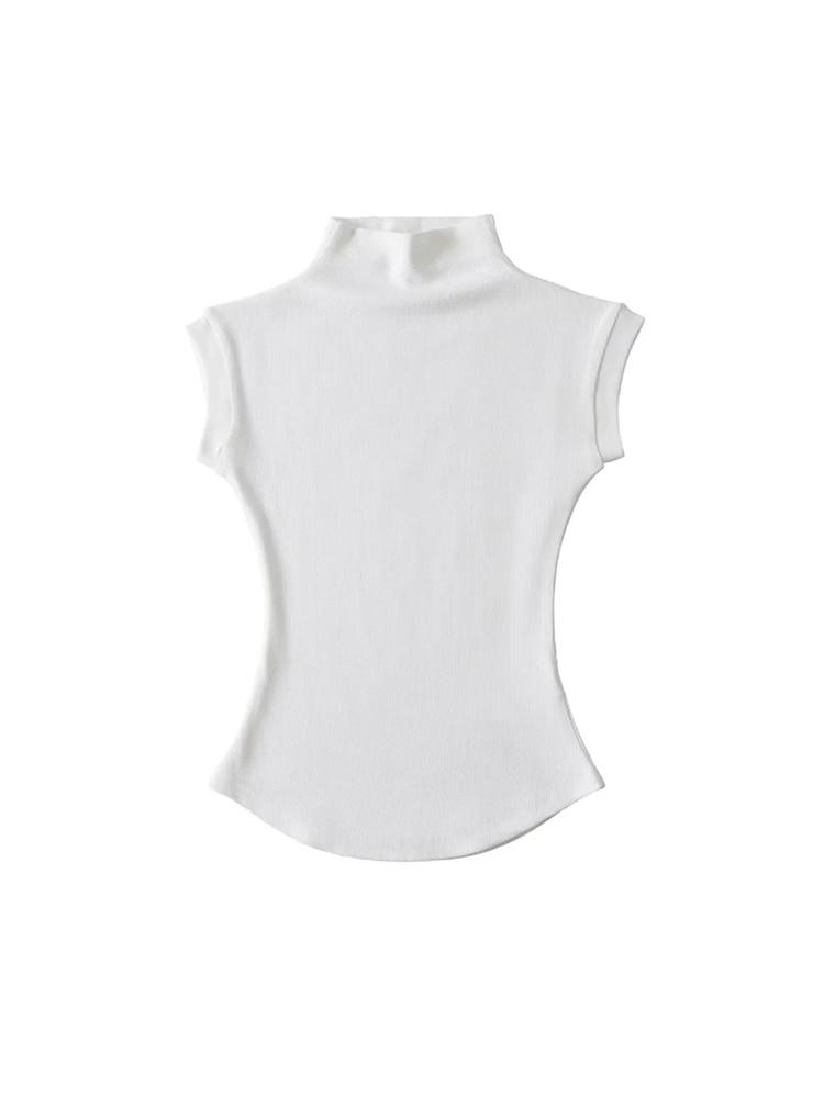 Women Summer Sexy Half Turtleneck Sleeveless T-Shirts Tops Solid Slim Fit Pullovers Causal Tees Shirts Female Streetwear Basics Tees
