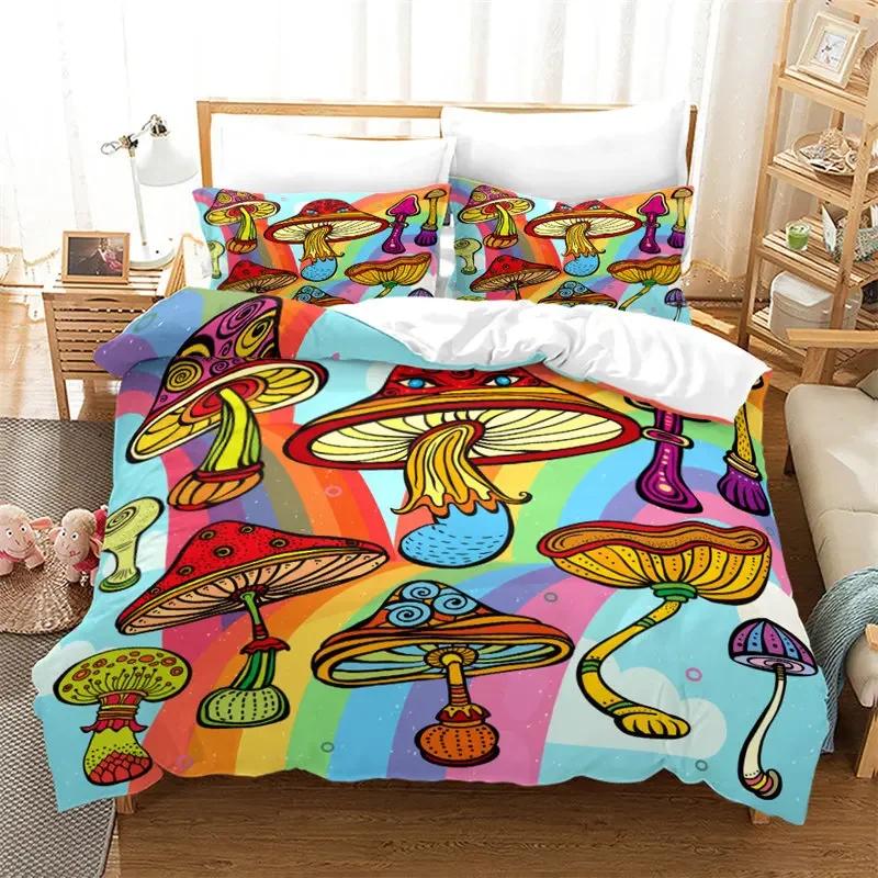 Pilz Bettbezug Bunt Niedlich Cartoon Bettwäsche Set Einzelbett Doppelbett King für Teenager Jungen Mädchen Kinder Kawaii Botanische Pflanze Steppdeckenbezug