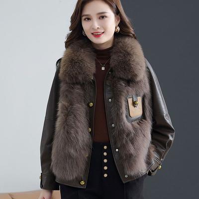 Autumn Winter Women's Faux Fur Coats Stitching Artificial Fox Fur Collar Fur Coat Short Loose Leather Jacket