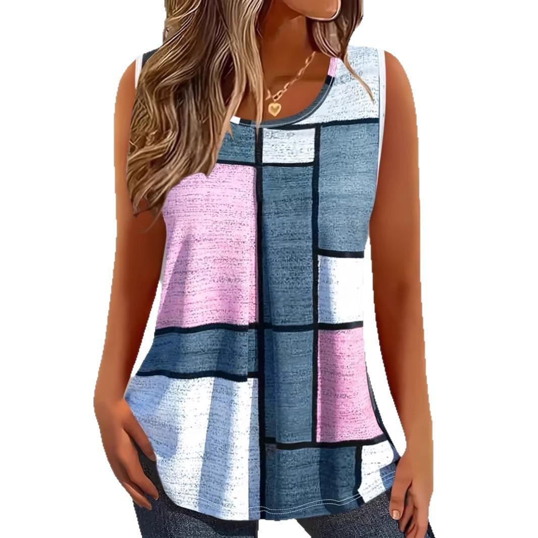 Geometric Color-Block Square Neck Tank Top Women Summer Casual Contrast Top Artistic Streetwear Vest S