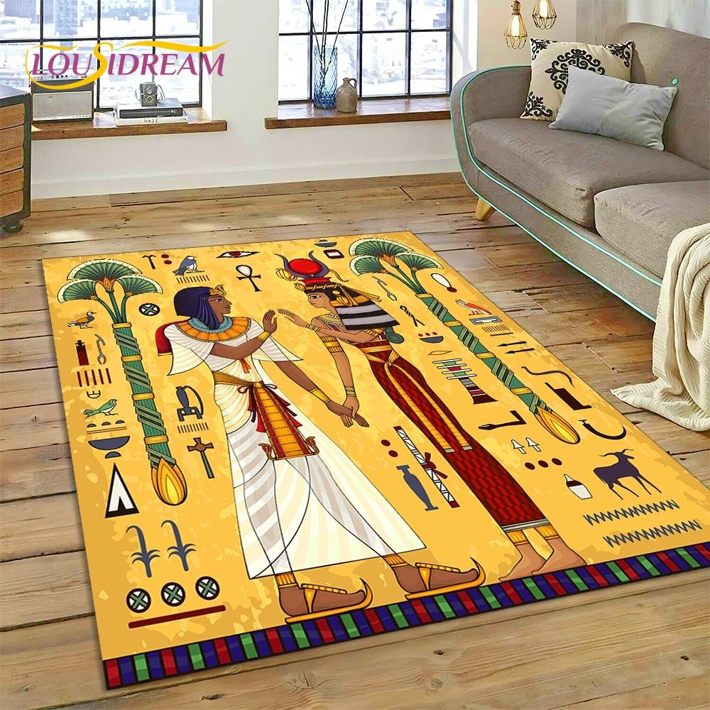 Tapis HD Hiéroglyphes Pharaoniques Mythologie Égyptienne 3D pour Salon Chambre Décoration de Maison, Décoration Antidérapante pour Canapé Paillasson
