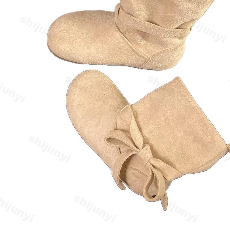 Women Suede Short Boots  Autumn Winter New Vintage Lace Up Bow Knot Fashion Boots Comfortable Outdoor Non Slip Casual Flats