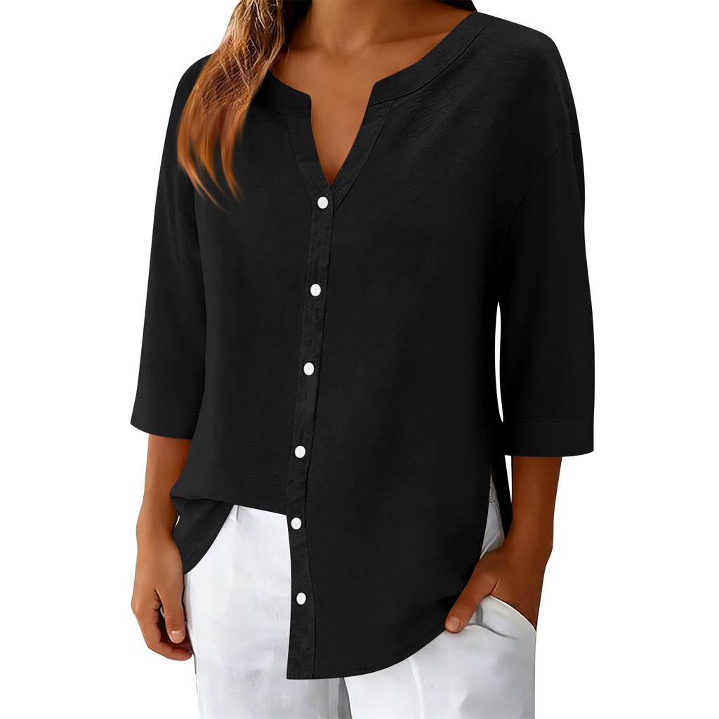 Women's 3/4 Sleeve Button Up Shirt V Neck Dressy Casual Summer Blouses Business Tops Work Collared Shirts