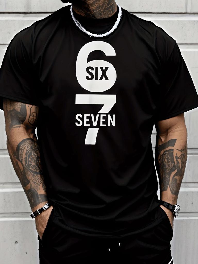 Simple Minimalist Six Seven Number Letter Graphic Print Unisexs Crew Neck Short Sleeve Tee Casual Daily Soft Basic Wear Fashion Top