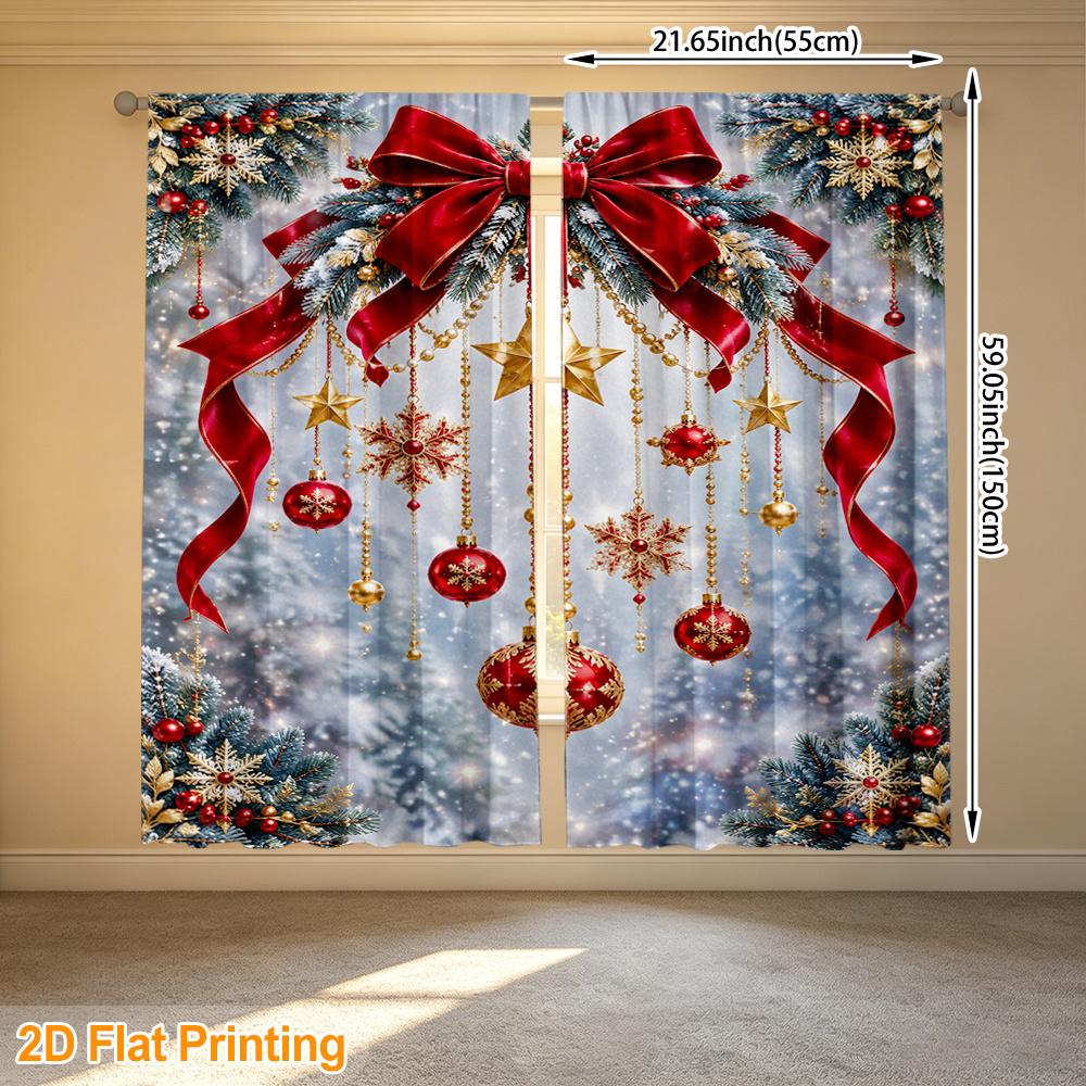 2pcs Rod Pocket Curtains with Red Golden Christmas Ornaments Print, Stylish Window Drapes for Home Decor Living Room Bedroom