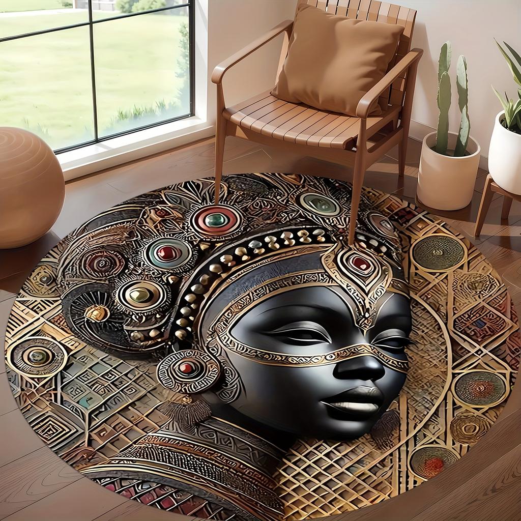 African Queen Portrait Round Area Rug For Living Room Bedroom Luxury Gold Large Carpet Home Non-slip Floor Mat Aesthetic Rug