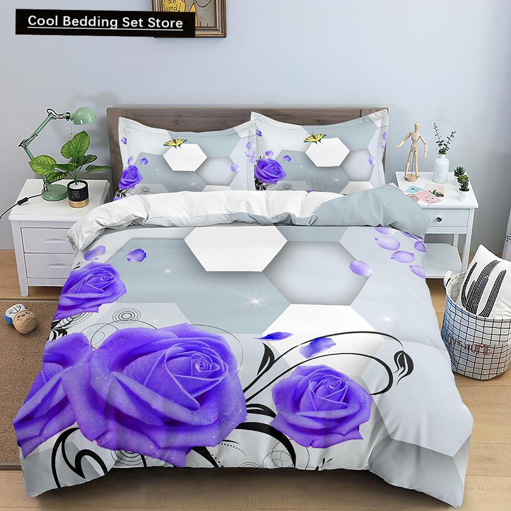 3D Pejzaż Natury Król Królowa Poszewka na Kołdrę Kwiaty Zielone Liście Pościel Zestaw Widok Shimen Poszewka na Kołdrę Poliester Pokrowiec na Kołdrę