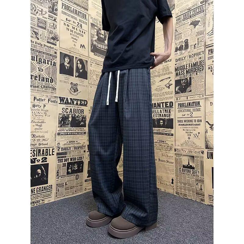 Men's Summer Drape Loose Wide-leg Pants American Retro Plaid Pants Straight Sweatpants Hiphop Casual Pants