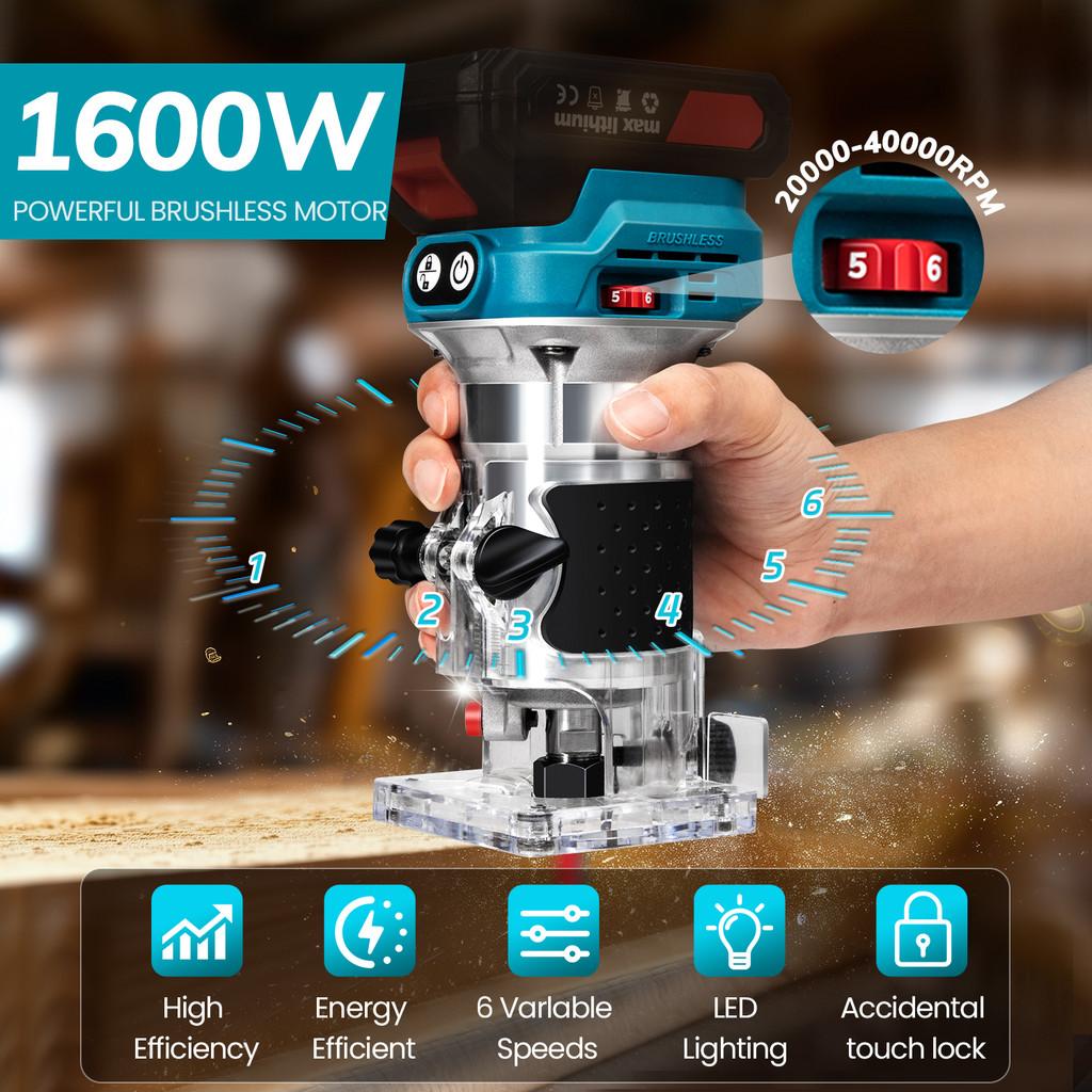 2 in 1 6 Speeds Cordless Wood Router Brushless Electric Hand Trimmer Multi-purpose Woodworking Engraving Milling Cutter