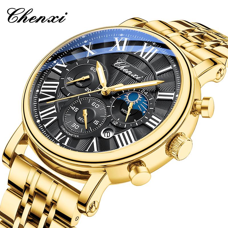 Business Gold Quartz Watches For Men Chronograph Calendar Man Watch Fashion Moon Phase Waterproof Men's Wristwatches