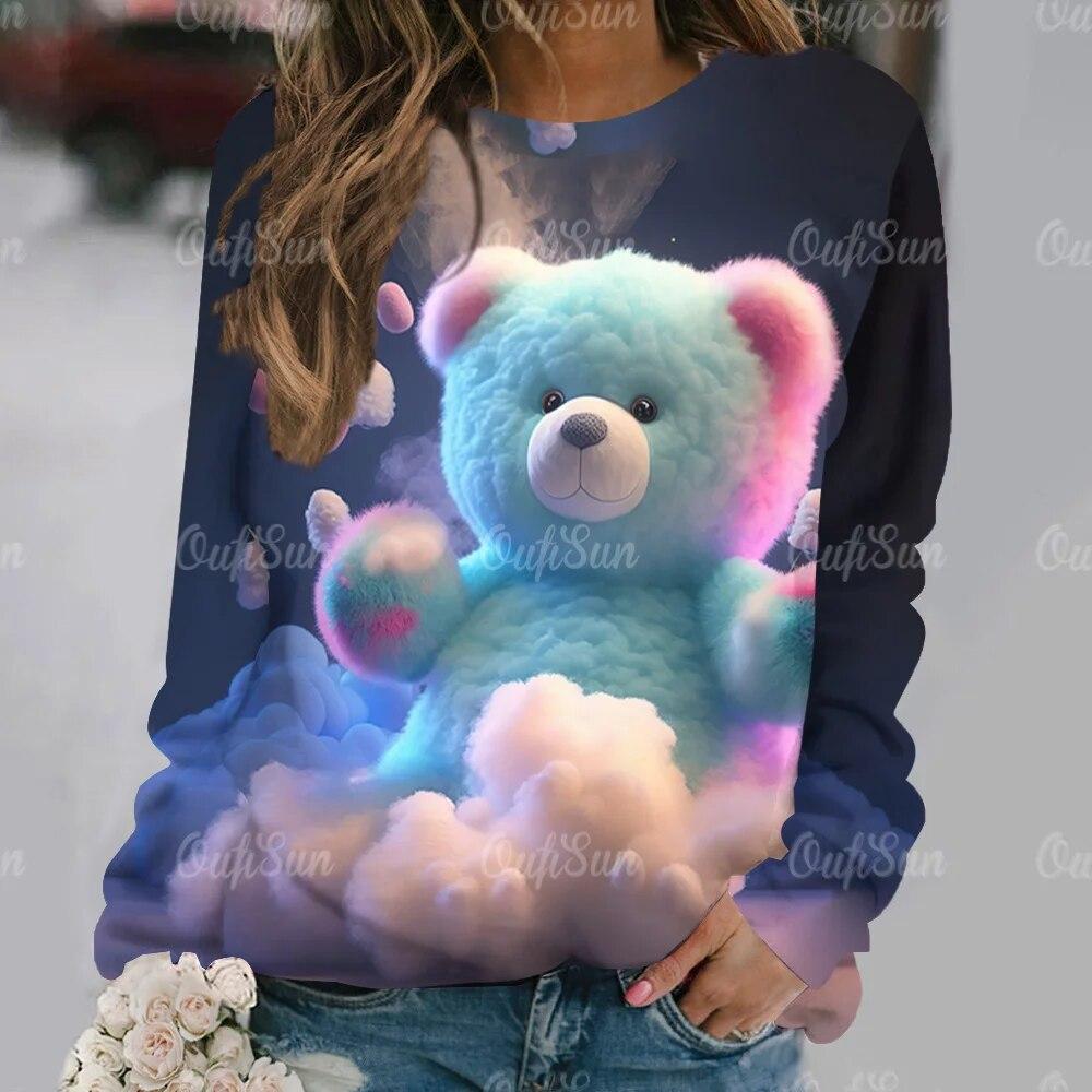 Cute Bear Women's Hoodie Casual O Neck Long Sleeve Pullover Tops 2024 New T-Shirt for Women Streetwear Fashion Women T Shirt Tee