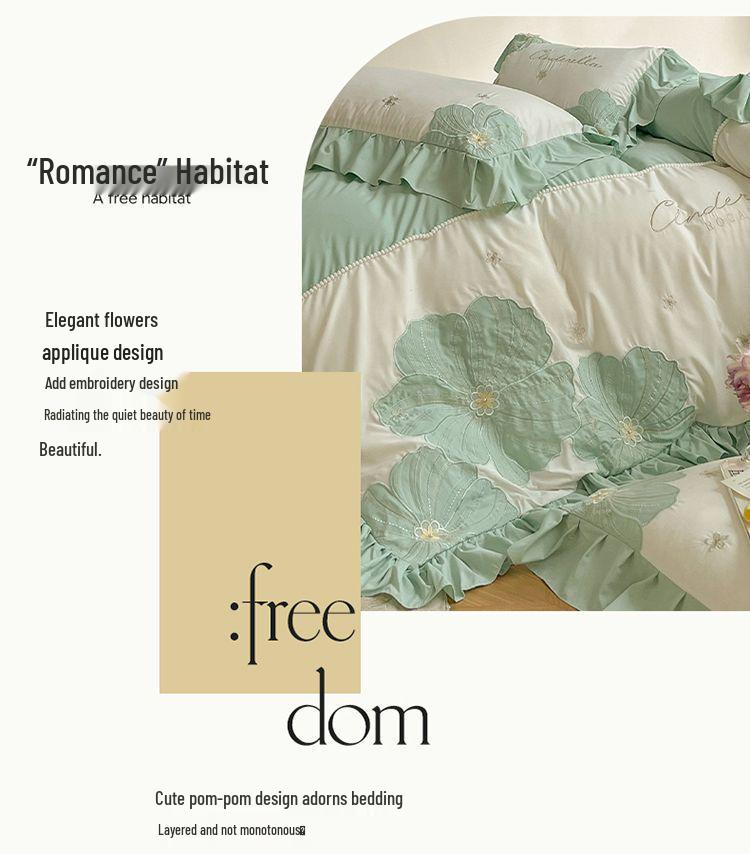 G5Z Koreanisches Prinzessinnen-Sonnenblumen-Stickbettwäsche-Set - Große Bettbezug & Spannbettlaken, Mädchenhaftes Vierteiliges Set