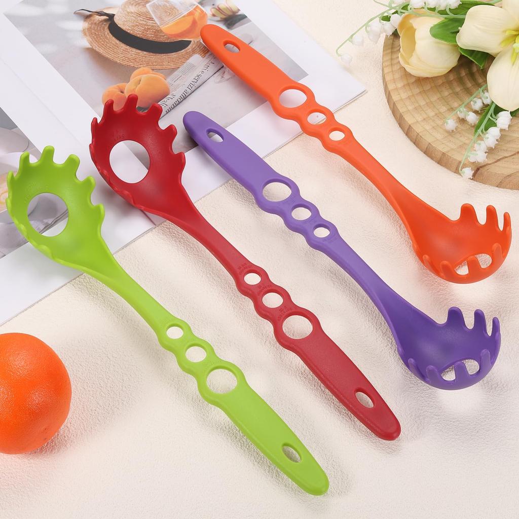 uxcell Toothed Pasta Spoon, Nylon Pasta Fork, Non-stick Heat-resistant Noodle Spoon, Strainer, Tongs, Kitchen Utensil with Measuring Hole, Orange